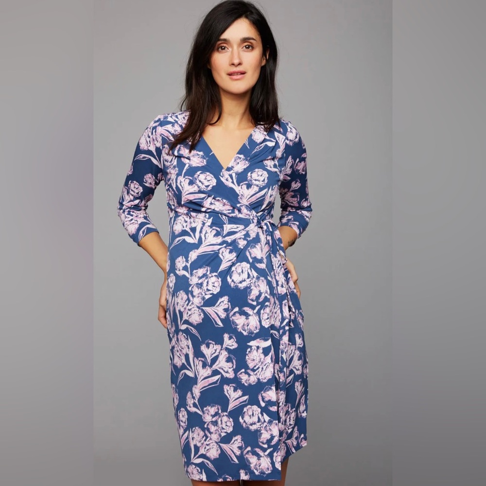 A Pea in the Pod maternity jersey blue floral wrap dress